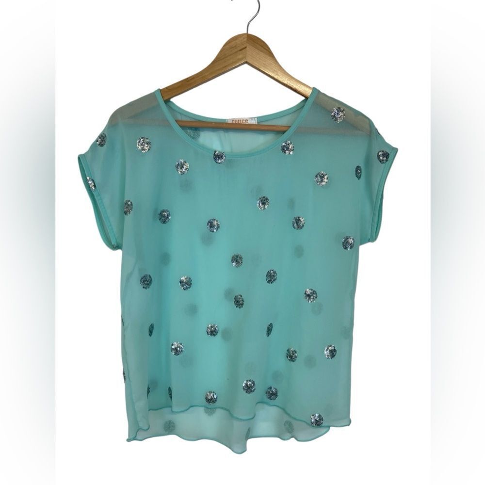 Renee C. Turquoise Sequins Sheer Hi Low Blouse. Size Large